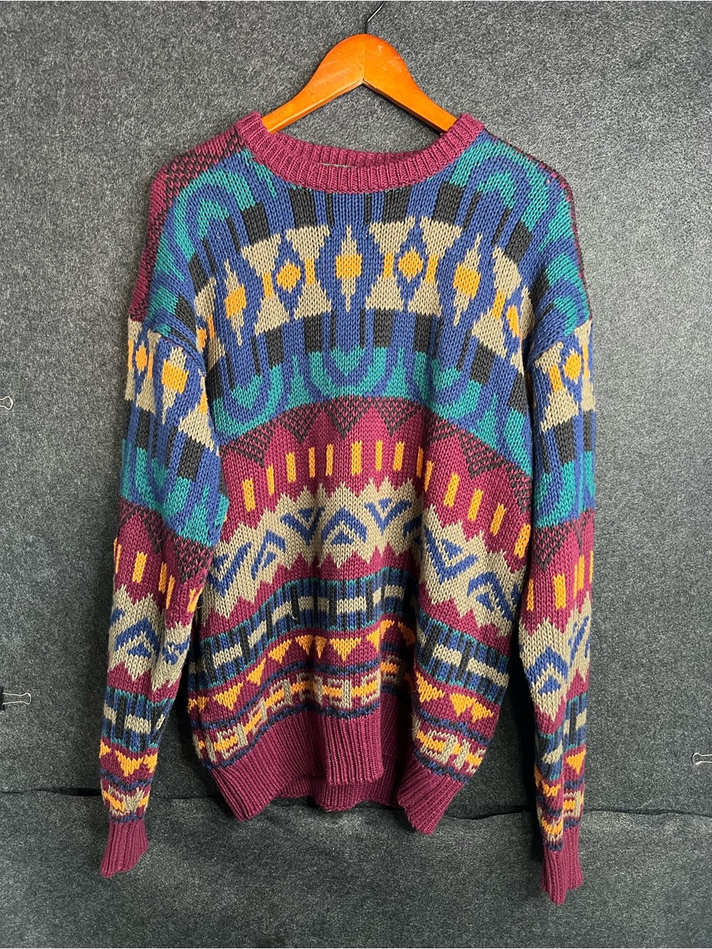 VTG 80s Geometric Aztec Pattern Chunky Knit Grandpa Sweater Mens XXL Retro